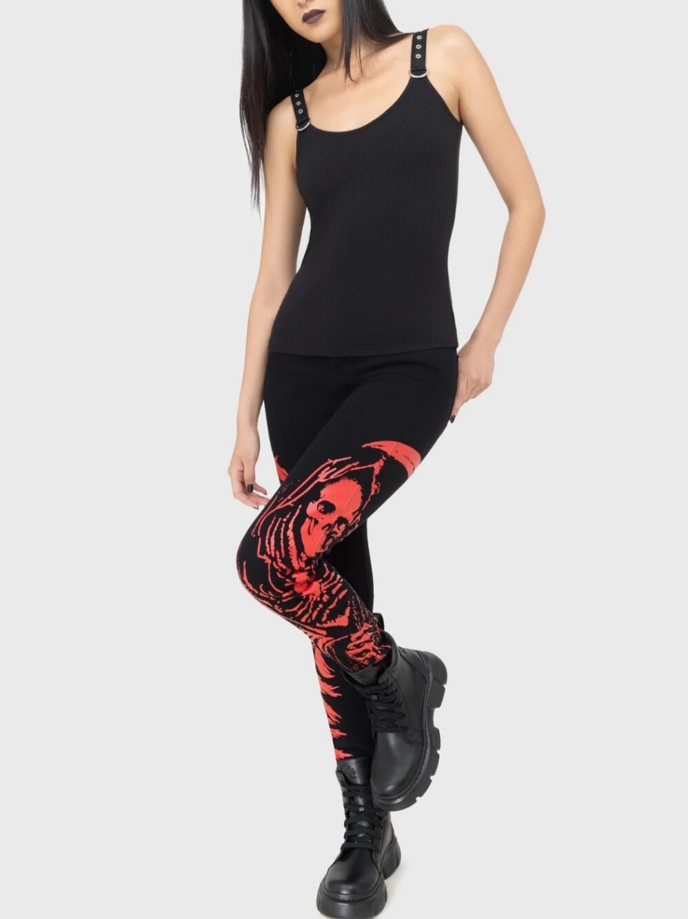 Killstar Black Skinny Leggings with Red Grim Reaper Print